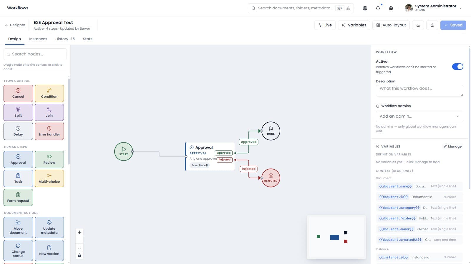 Approval flows drawn on a canvas, validated live, run by the engine.