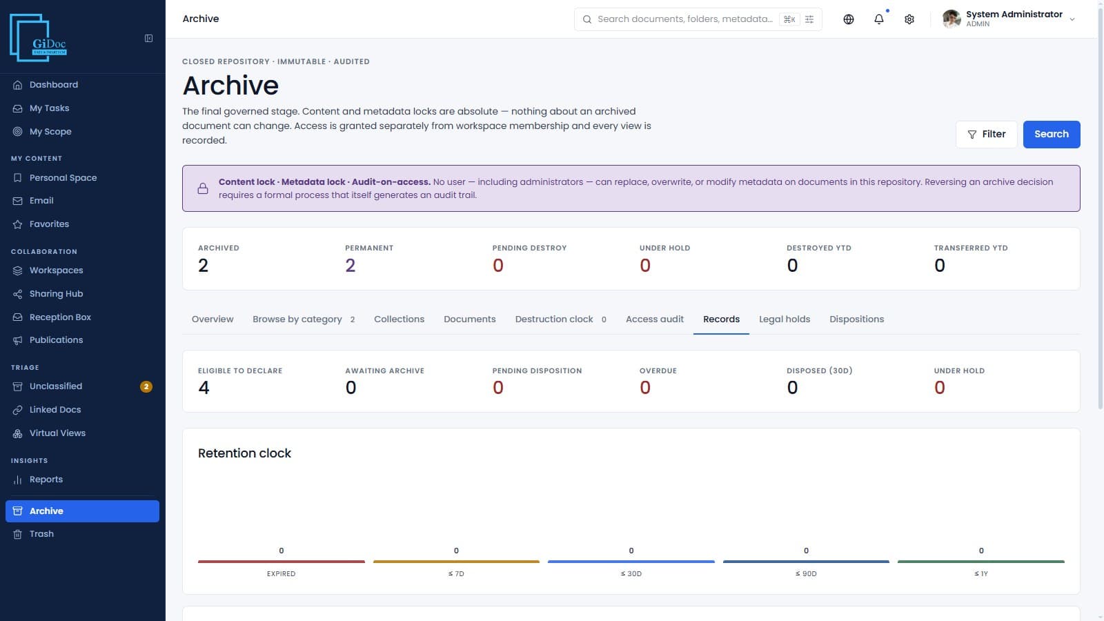 The Records Center: declaration pipeline, retention clock, holds and dispositions.